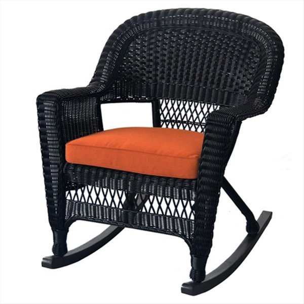 Jeco W00207R-D-2-FS016 Black Rocker Wicker Chair With Orange Cushion - Set 2 W00207R-D_2-FS016